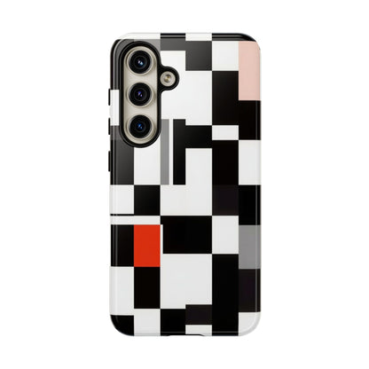 Abstract Geometric Phone Case – Black & White Checker Grid with Red Accent