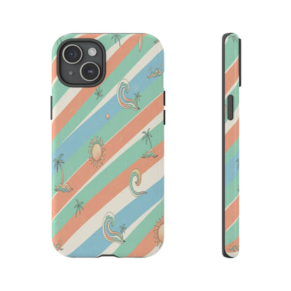 Retro Beach Stripes Phone Case — Sun, Waves & Palm Pattern Tough Case