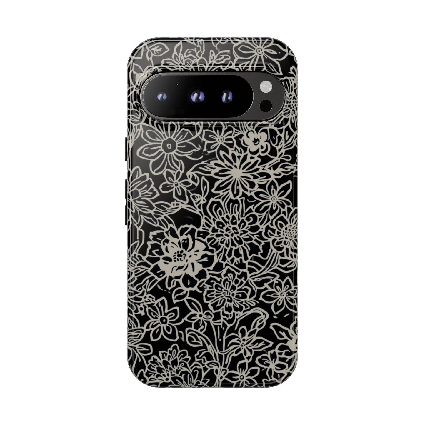 Floral Doodle Tough Phone Case — Black & White Sketch Flower Protective Cover