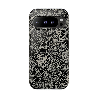 Floral Doodle Tough Phone Case — Black & White Sketch Flower Protective Cover