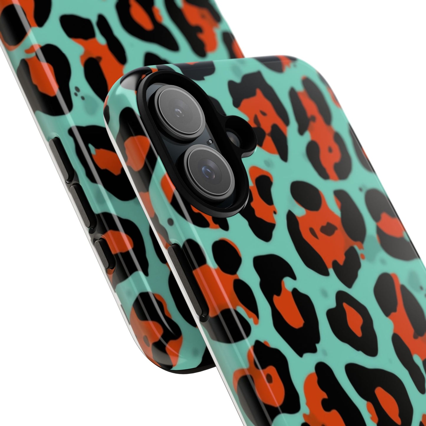 Leopard Print Tough Phone Case — Teal & Rust Protective iPhone Cover
