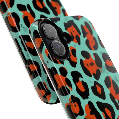 Leopard Print Tough Phone Case — Teal & Rust Protective iPhone Cover