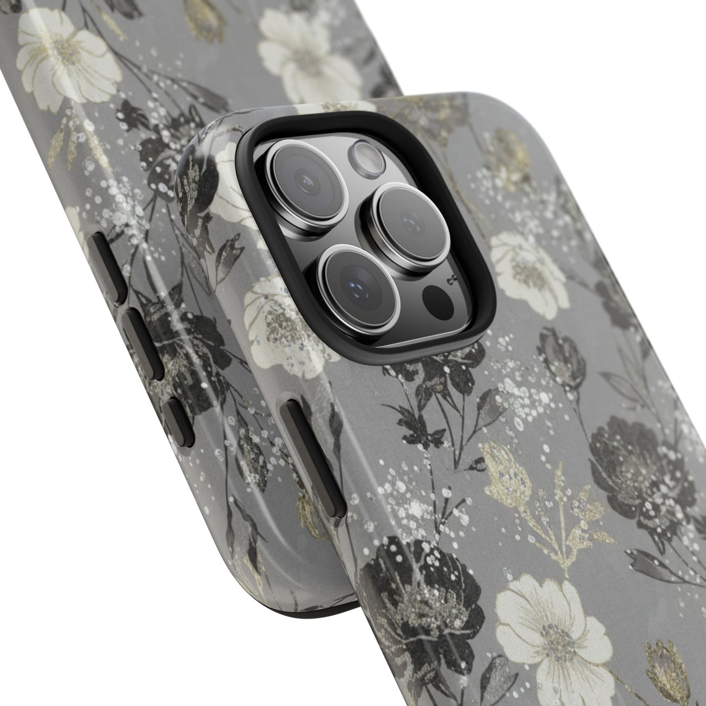 Floral Gray Tough Phone Case — Elegant Protective Phone Cover with Gold Accent