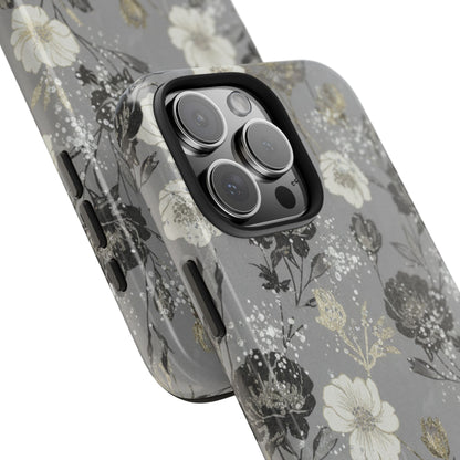 Floral Gray Tough Phone Case — Elegant Protective Phone Cover with Gold Accent