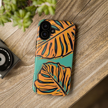 Tropical Leaf Tough Phone Case — Orange Monstera Design on Teal