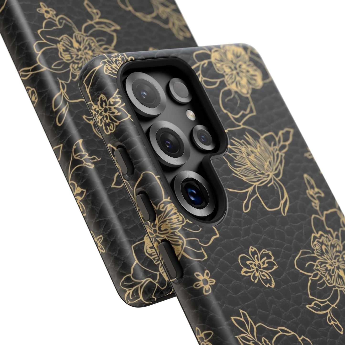 Floral Leather Phone Case — Gold Outline Flowers on Black Tough Case