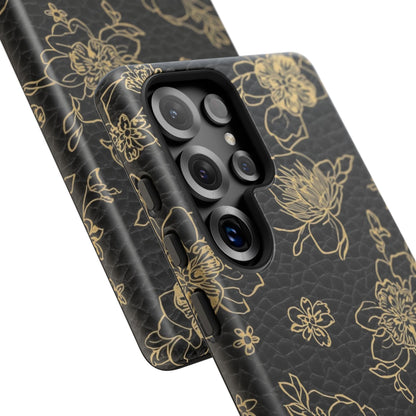 Floral Leather Phone Case — Gold Outline Flowers on Black Tough Case