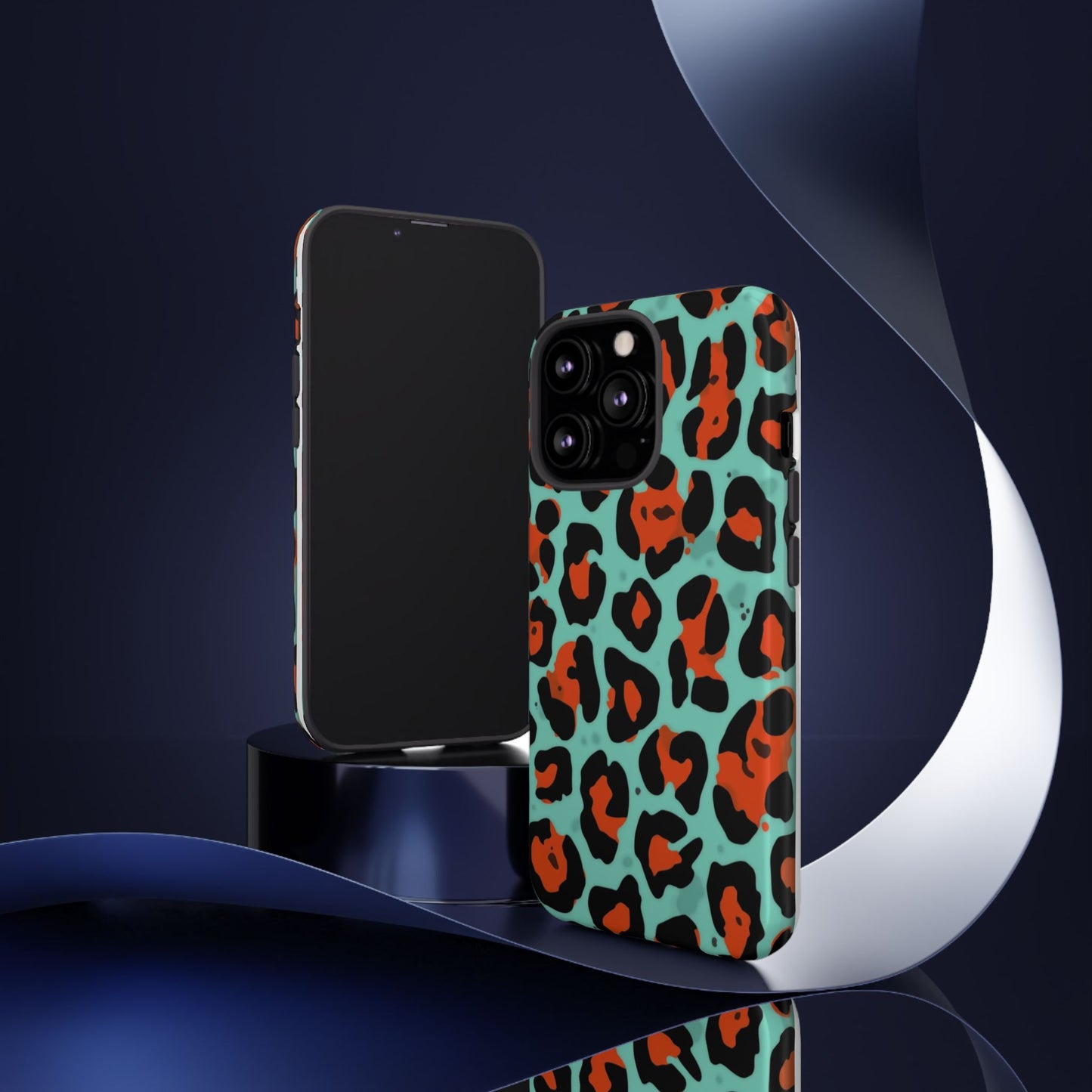 Leopard Print Tough Phone Case — Teal & Rust Protective iPhone Cover