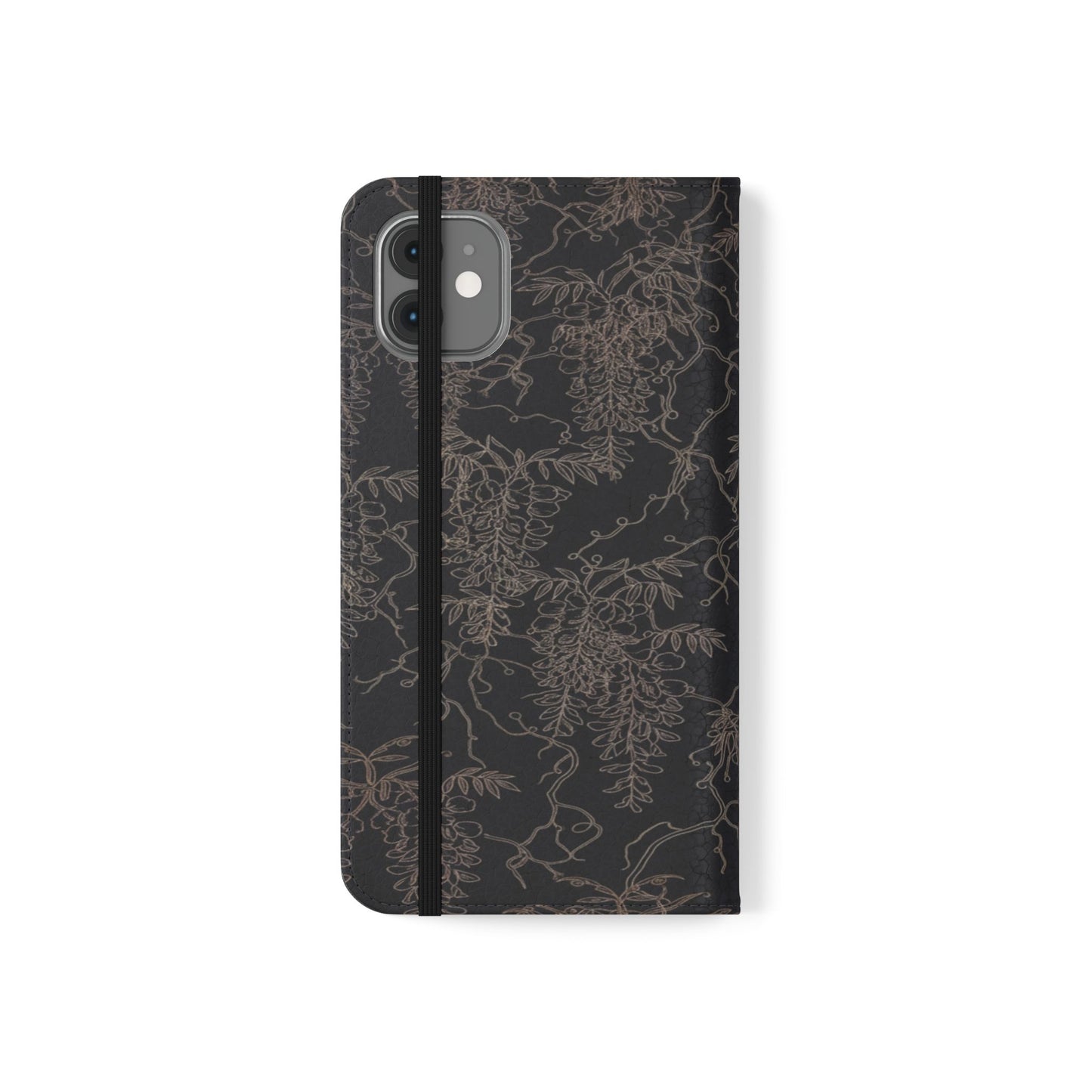 Botanical Noir Flip Phone Case — Dark Floral Wallet Cover with Card Slots