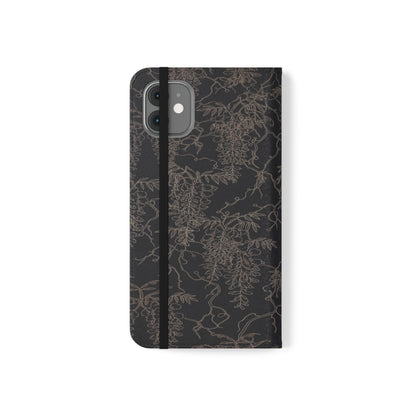 Botanical Noir Flip Phone Case — Dark Floral Wallet Cover with Card Slots
