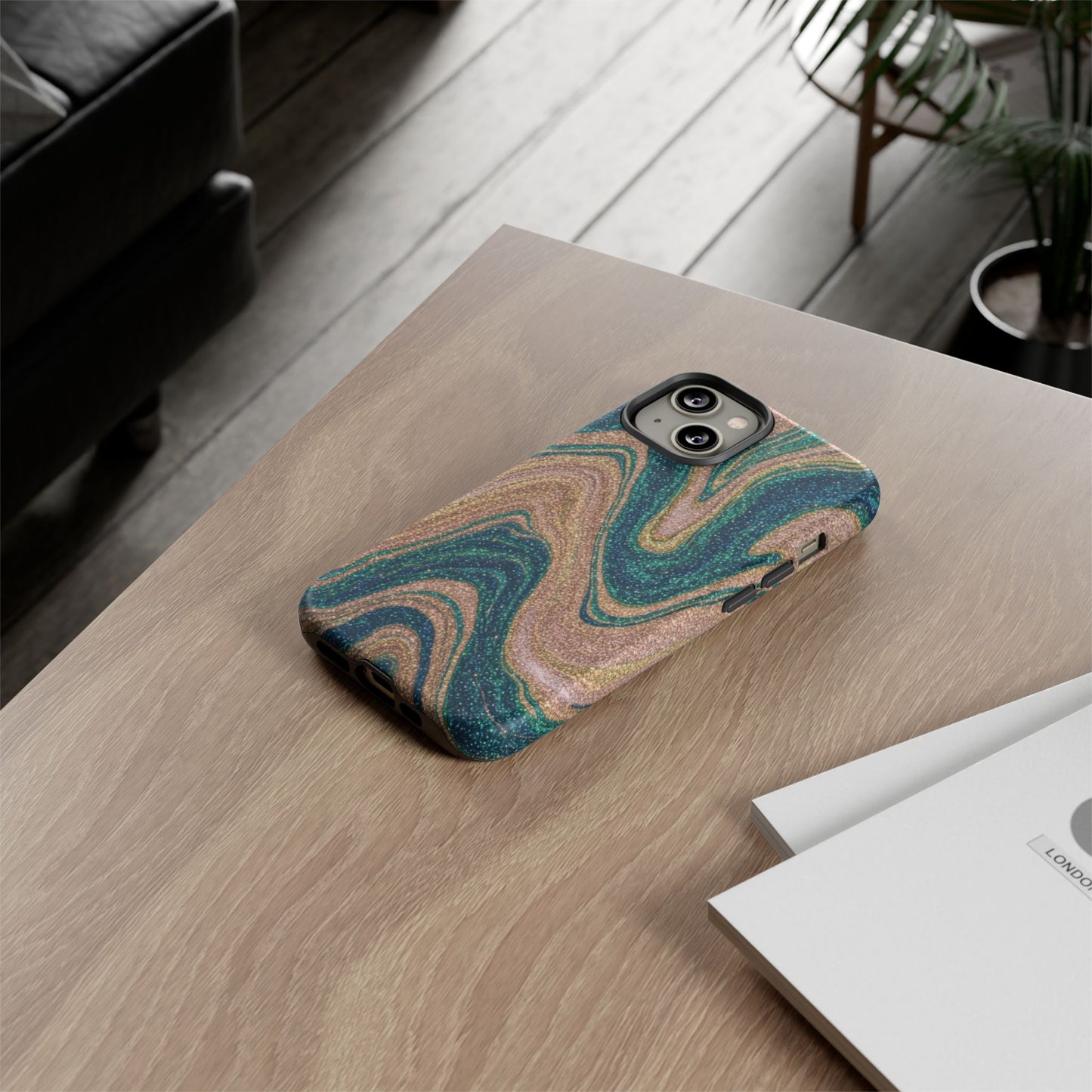 Marbled Teal & Gold Phone Case — Glitter Swirl Tough Case