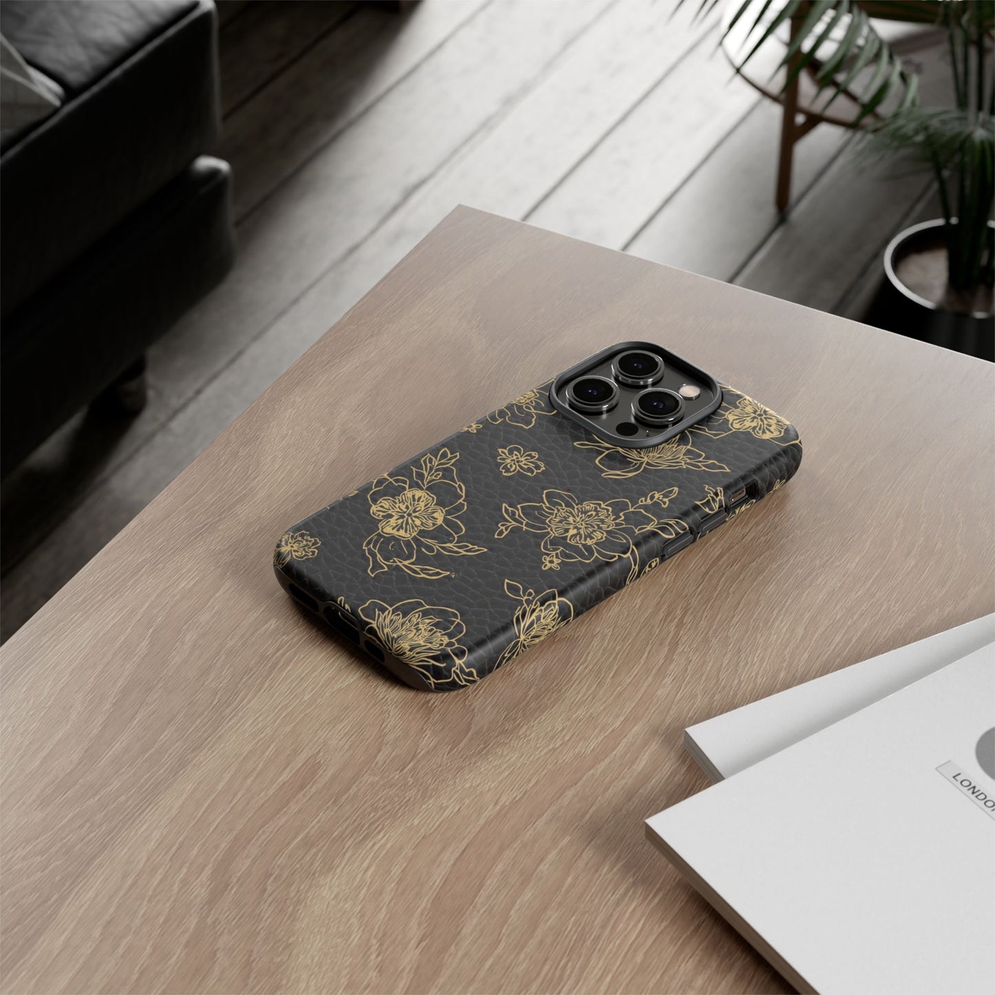Floral Leather Phone Case — Gold Outline Flowers on Black Tough Case