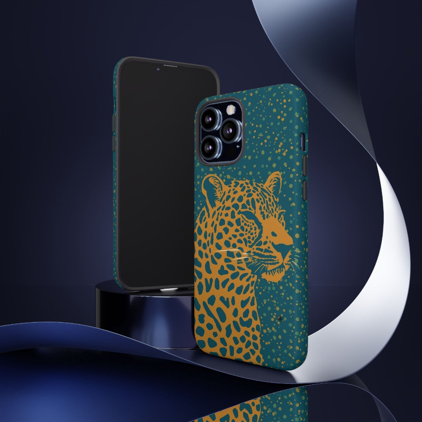 Leopard Print Tough Phone Case — Gold Panther on Teal, Protective iPhone Cover