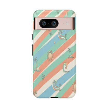 Retro Beach Stripes Phone Case — Sun, Waves & Palm Pattern Tough Case