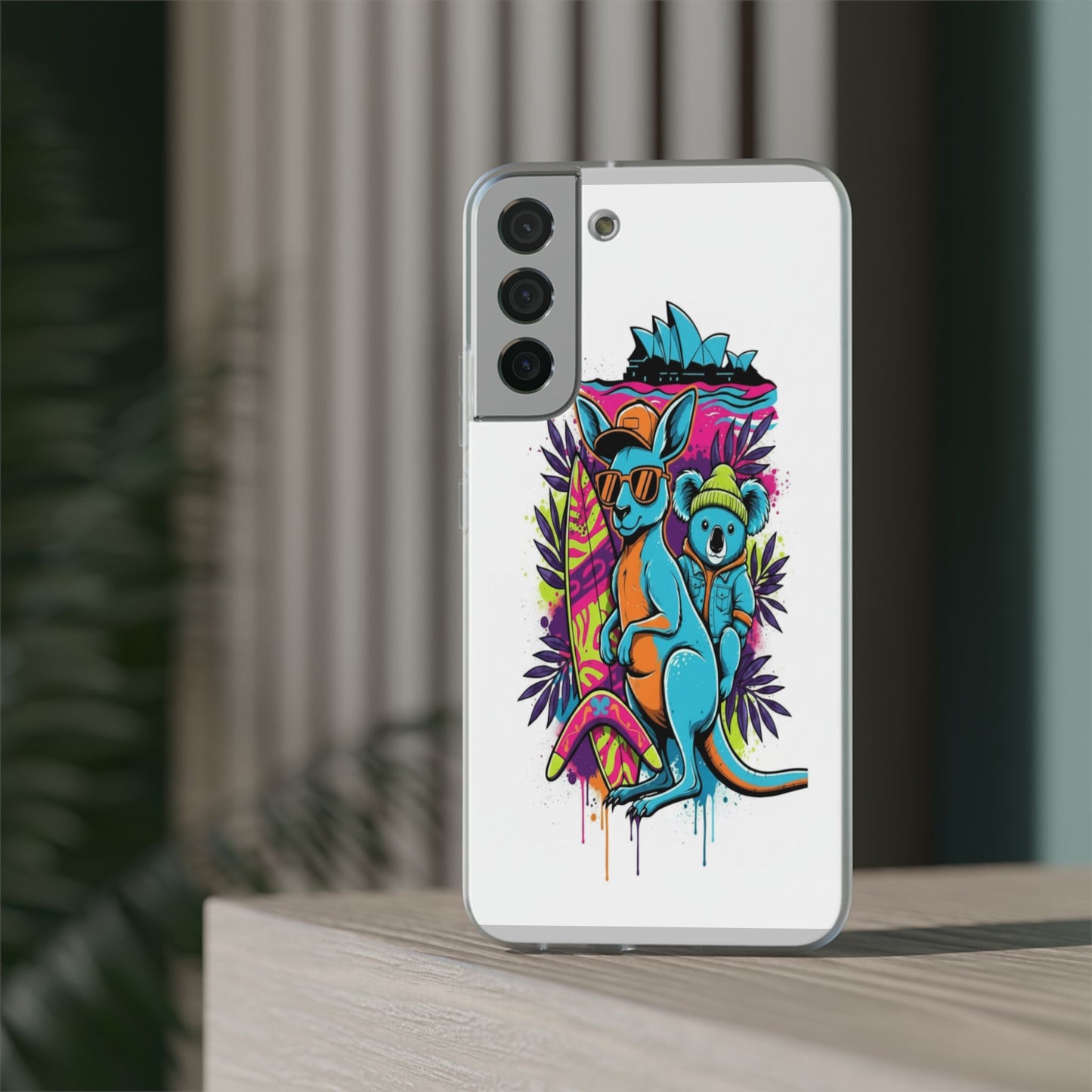 Kangaroo & Koala Surf Phone Case — Neon Aussie Beach Vibes Flexible Case