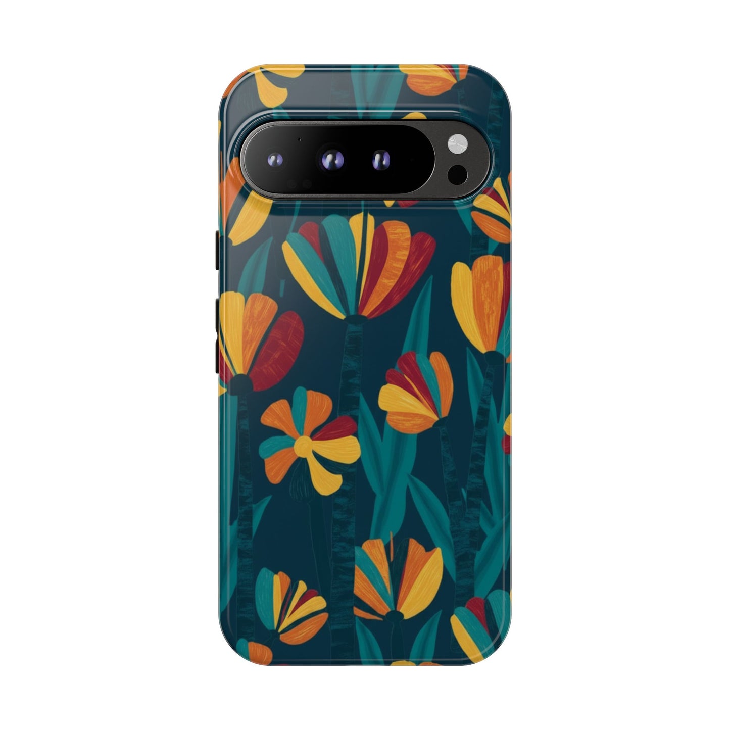 Floral Retro Teal Tough Phone Case — Vibrant Orange & Mustard Blooms