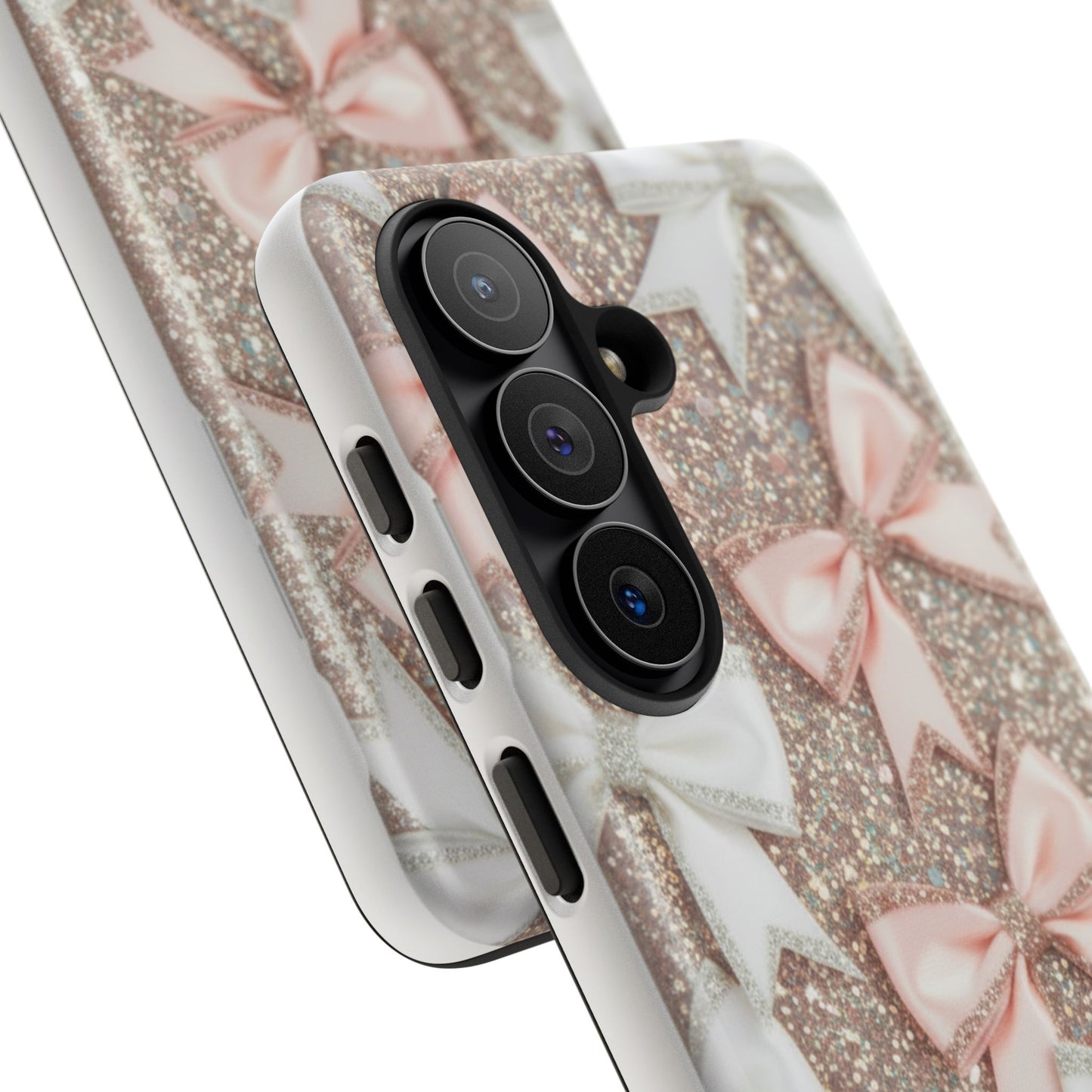 Glitter Bow Tough Phone Case — Pink & White Ribbon Protective Cover
