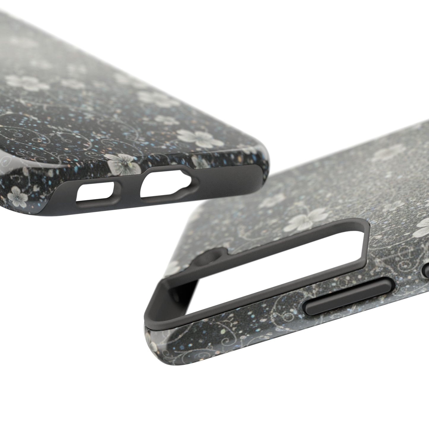 Floral Sparkle Tough Phone Case — Black & Silver Vintage Blossom