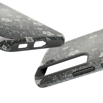 Floral Sparkle Tough Phone Case — Black & Silver Vintage Blossom