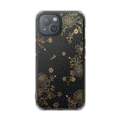 Clear Impact Phone Case — Black Leather Texture with Gold Floral Foil