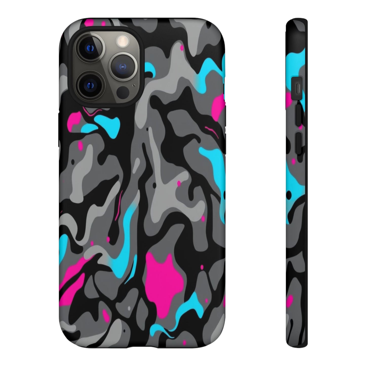 Camouflage Phone Case — Gray Camo with Neon Pink & Cyan Accent Tough Protective Cover