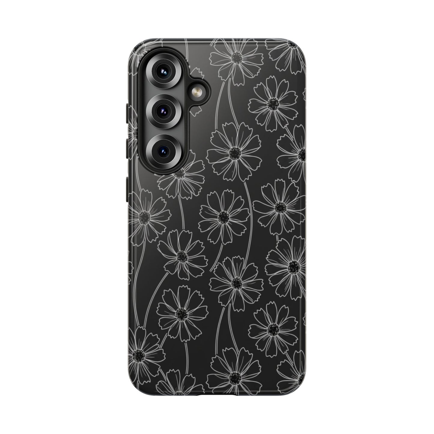 Floral Doodle Tough Phone Case — Black & Gray Daisy Pattern