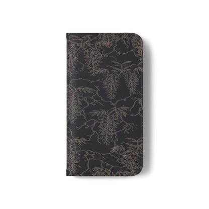 Botanical Noir Flip Phone Case — Dark Floral Wallet Cover with Card Slots