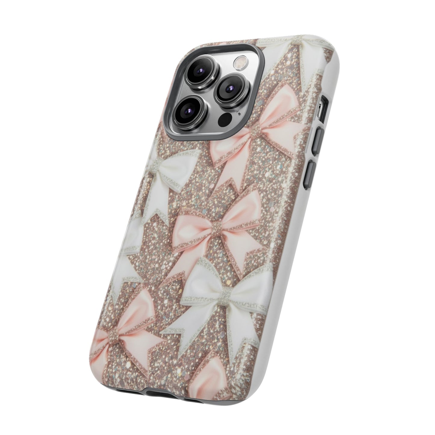 Glitter Bow Tough Phone Case — Pink & White Ribbon Protective Cover