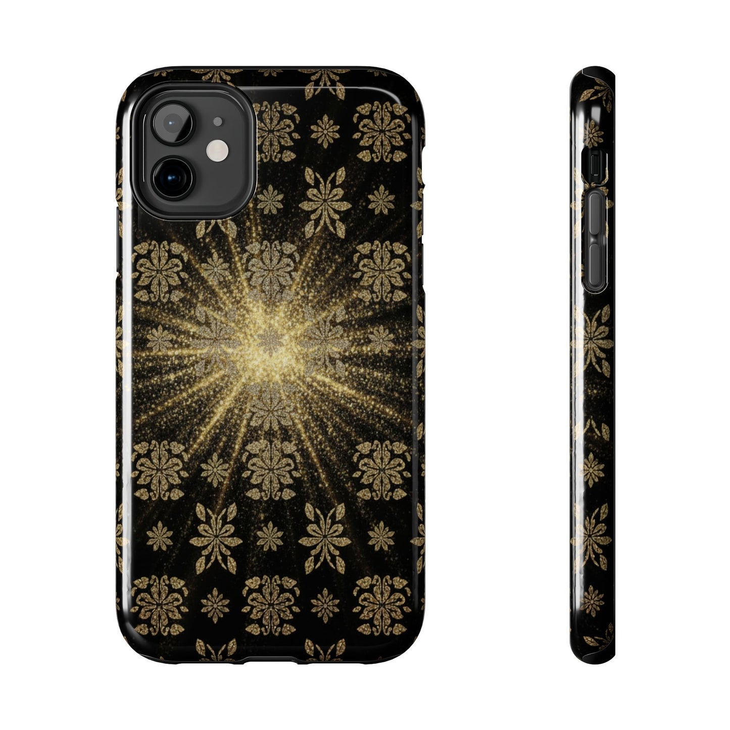 Glitter Burst Tough Phone Case — Black & Gold Floral Protective Cover