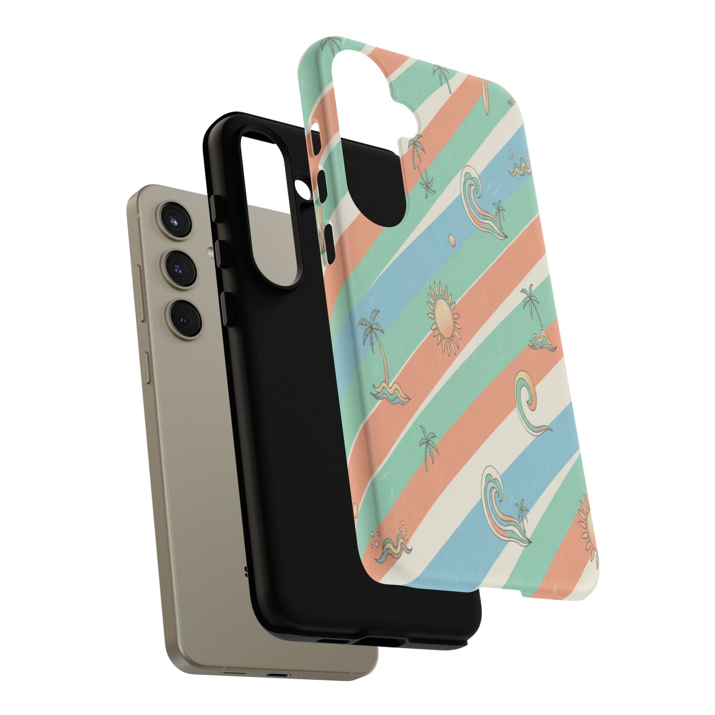 Retro Beach Stripes Phone Case — Sun, Waves & Palm Pattern Tough Case