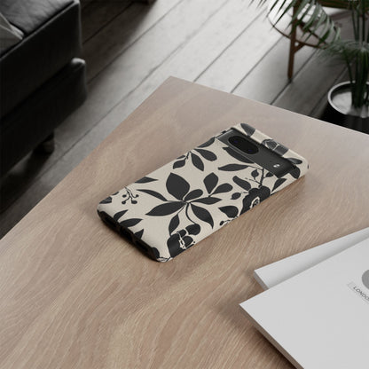 Black Floral Pattern Phone Case — Monochrome Botanical Tough Case