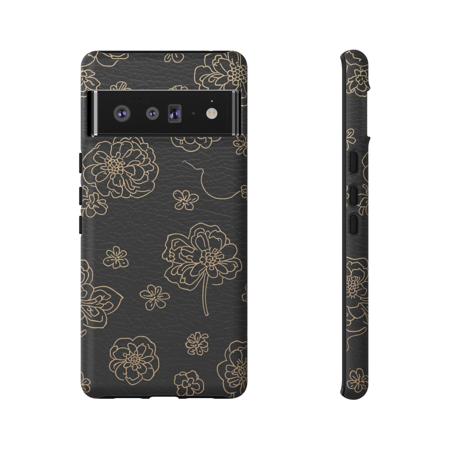 Floral Leather-Texture Tough Case – Black Gold Outline Phone Cover