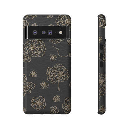 Floral Leather-Texture Tough Case – Black Gold Outline Phone Cover