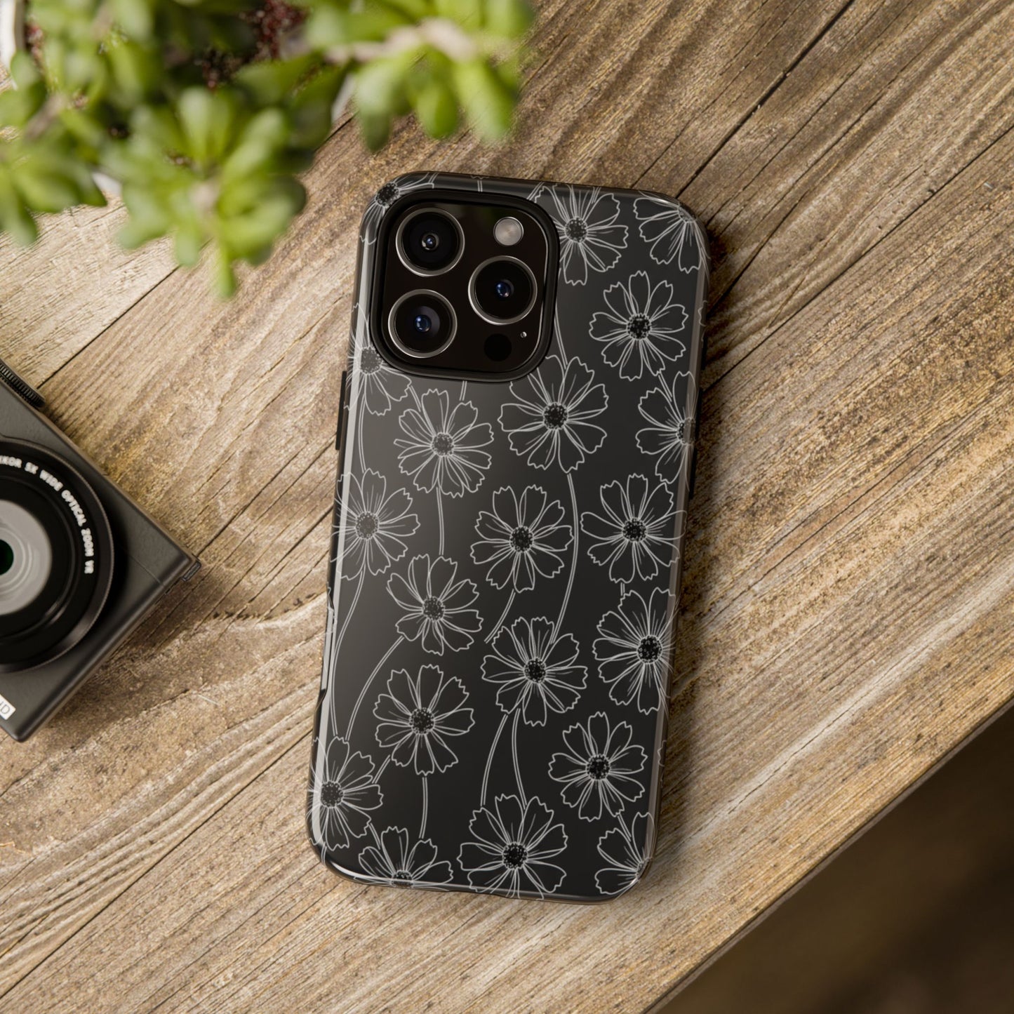 Floral Doodle Tough Phone Case — Black & Gray Daisy Pattern