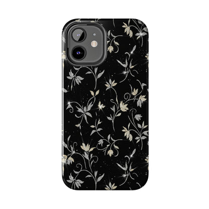 Floral Noir Tough Phone Case — Vintage Black Botanical Protective Cover