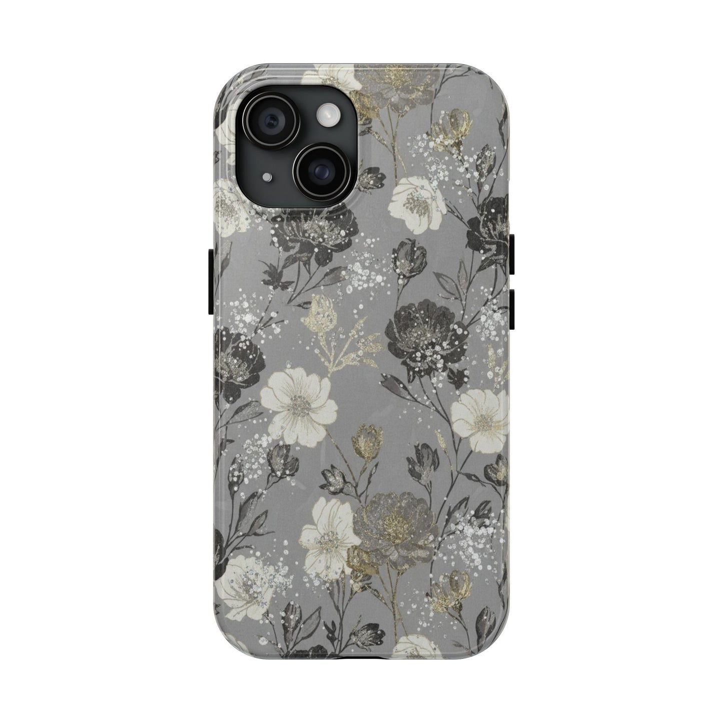 Floral Gray Tough Phone Case — Elegant Protective Phone Cover with Gold Accent