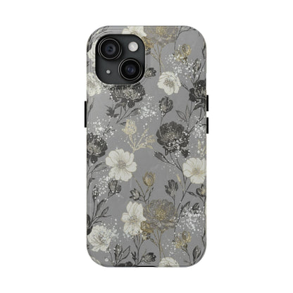 Floral Gray Tough Phone Case — Elegant Protective Phone Cover with Gold Accent