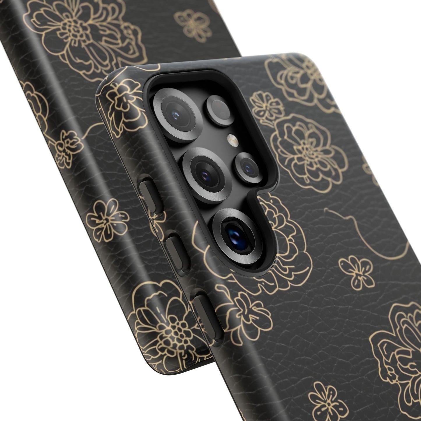 Floral Leather-Texture Tough Case – Black Gold Outline Phone Cover