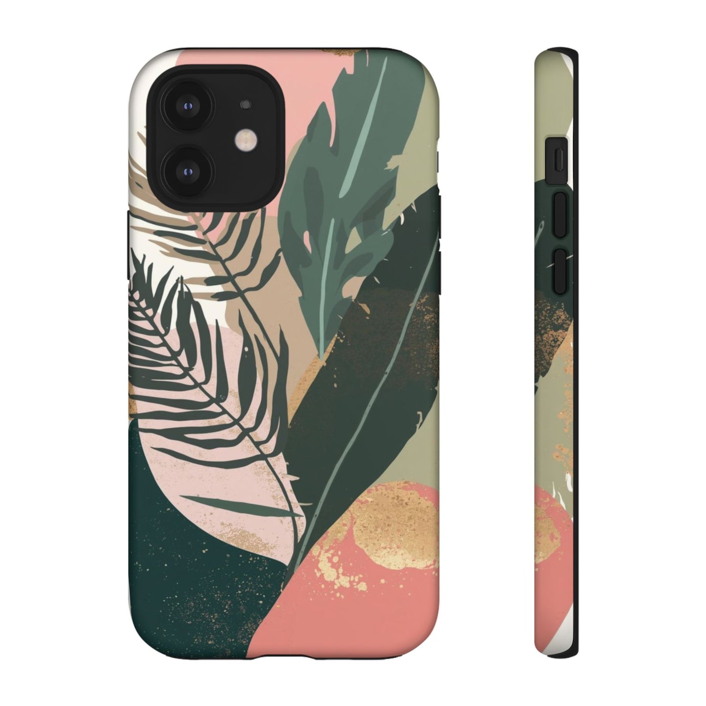 Tropical Leaf Tough Phone Case — Abstract Pink & Green Botanical Protective Cover