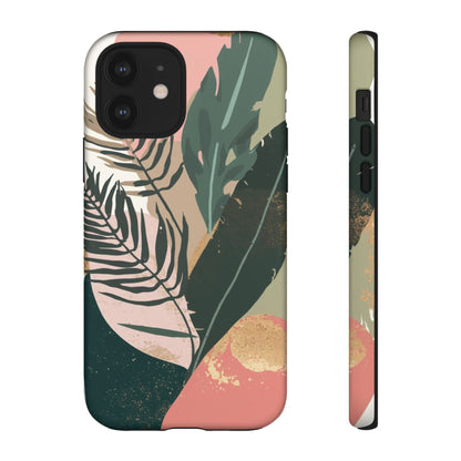 Tropical Leaf Tough Phone Case — Abstract Pink & Green Botanical Protective Cover