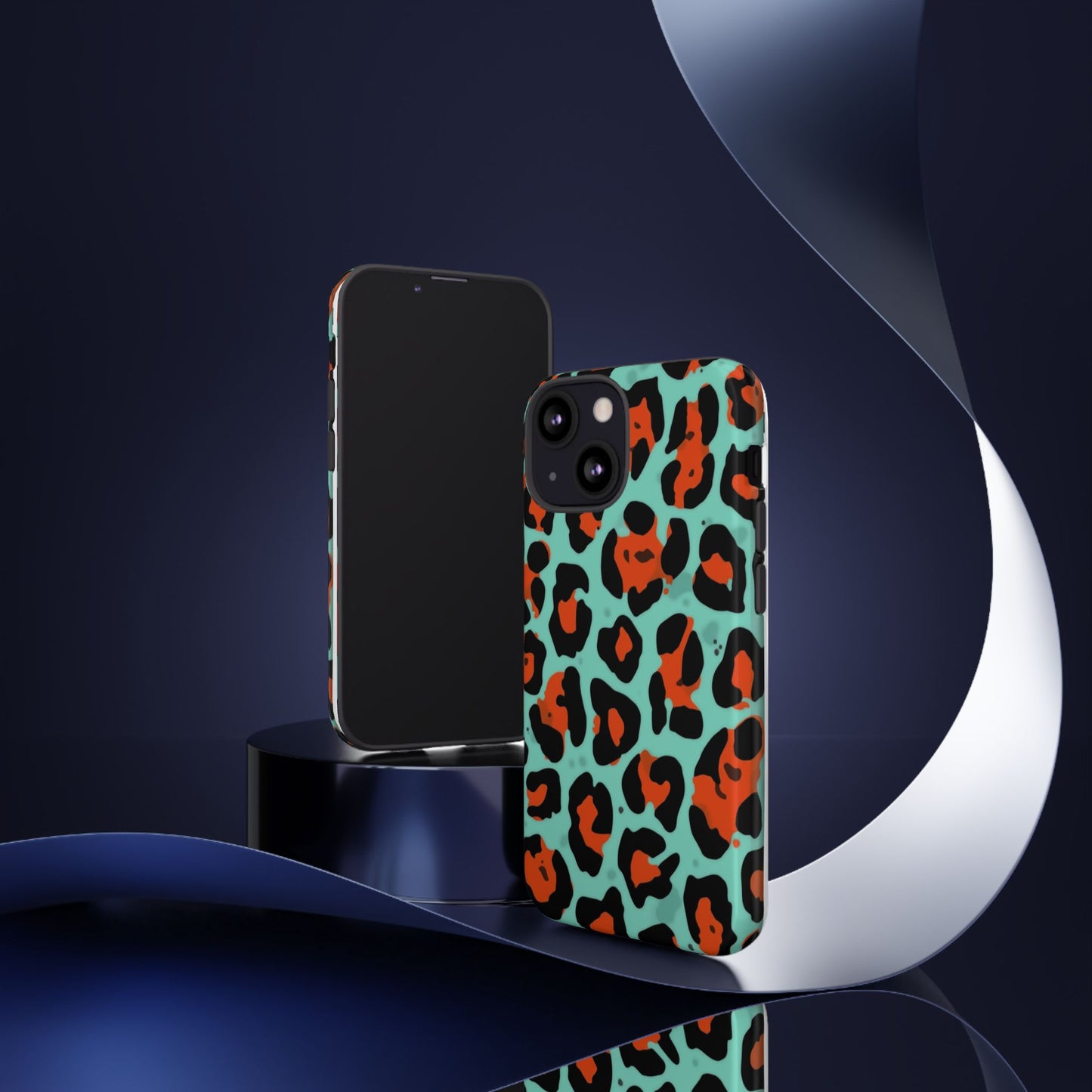 Leopard Print Tough Phone Case — Teal & Rust Protective iPhone Cover