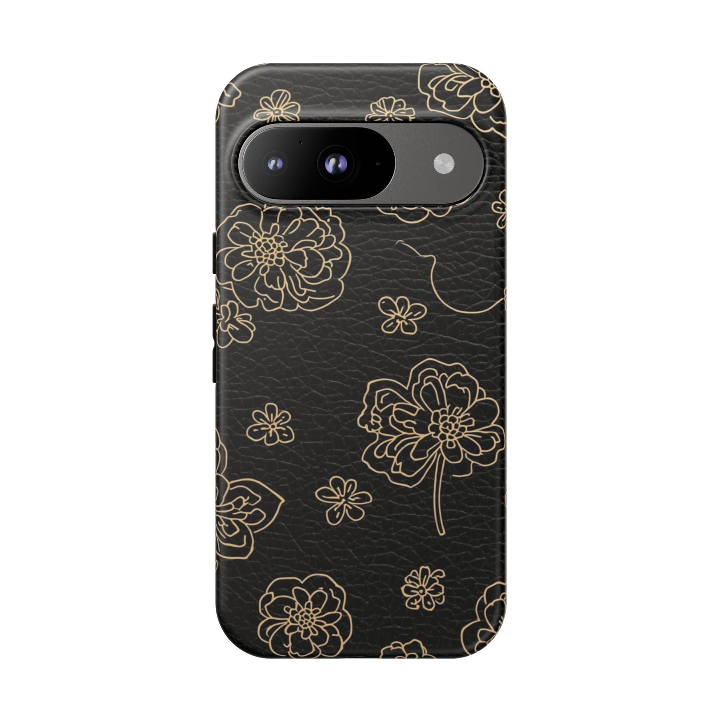 Floral Leather-Texture Tough Case – Black Gold Outline Phone Cover