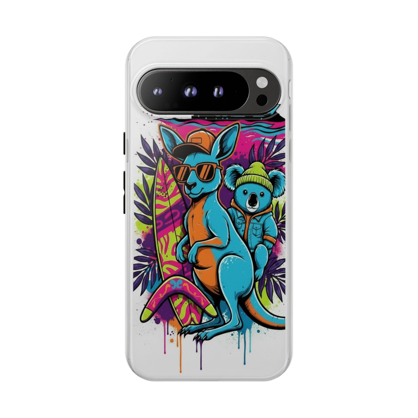 Kangaroo & Koala Surf Phone Case — Retro Neon Beach Art Tough Case