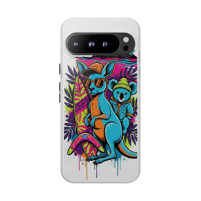 Kangaroo & Koala Surf Phone Case — Retro Neon Beach Art Tough Case