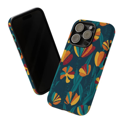 Floral Retro Teal Tough Phone Case — Vibrant Orange & Mustard Blooms