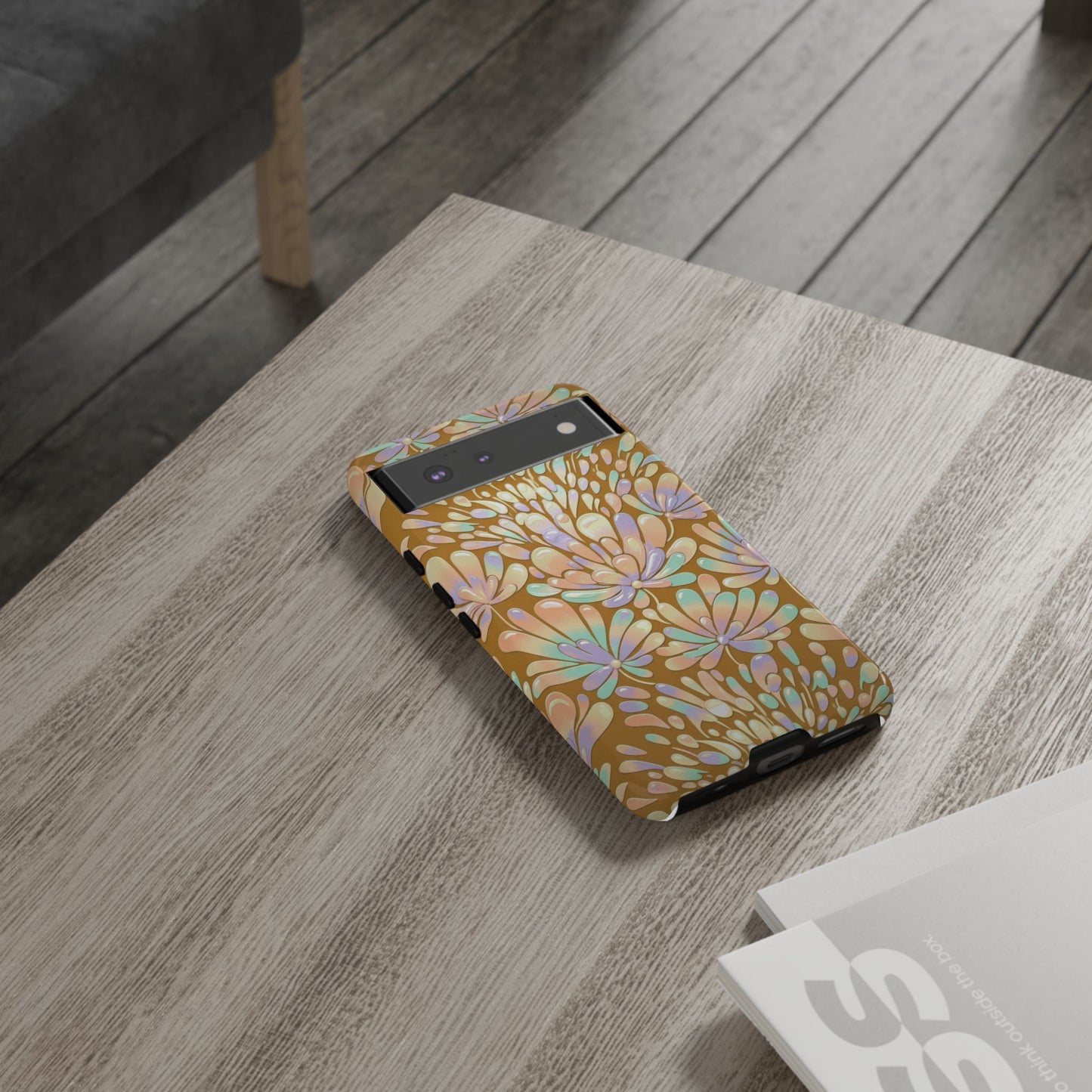 Floral Burst Tough Phone Case – Gold Pastel Botanical Protection