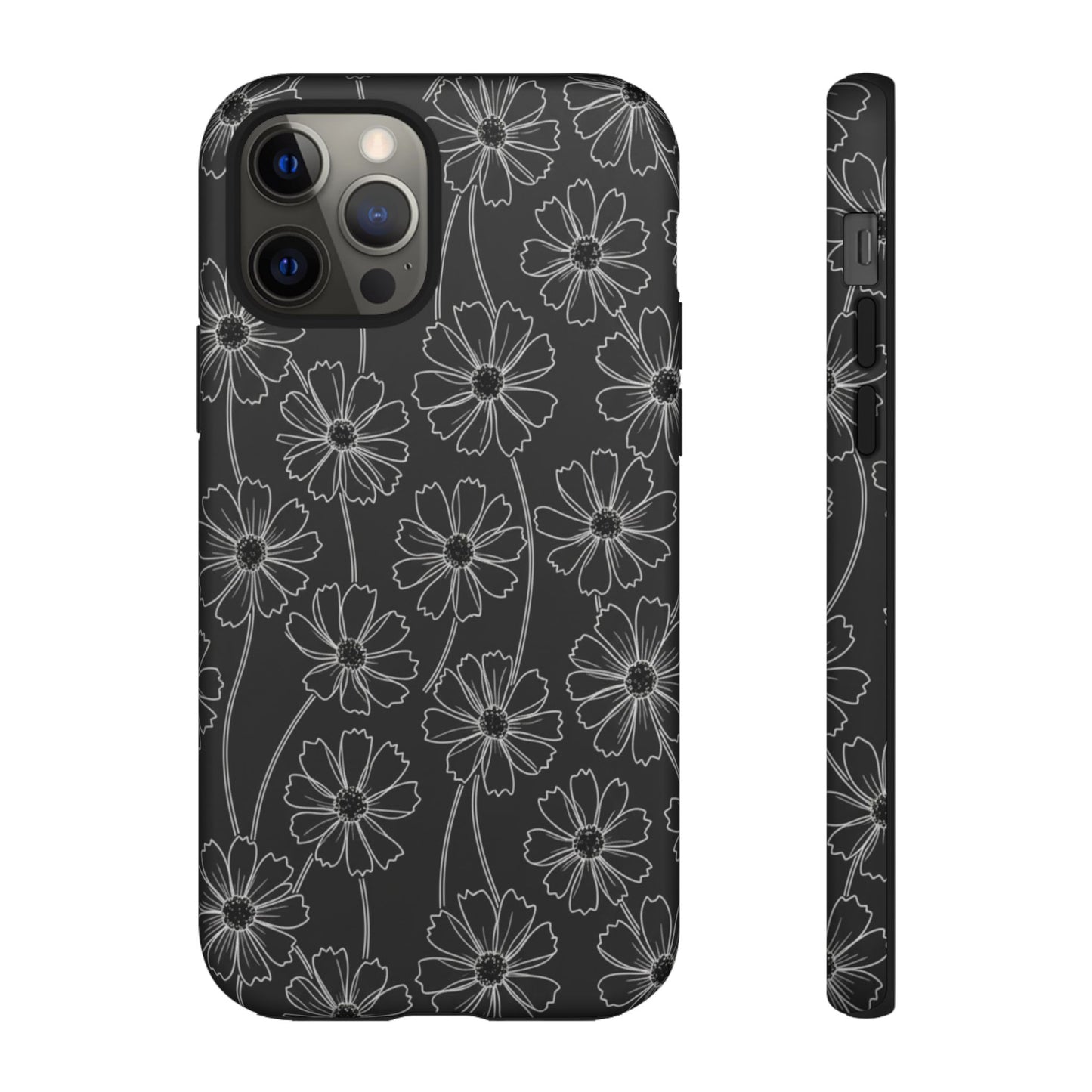 Floral Doodle Tough Phone Case — Black & Gray Daisy Pattern