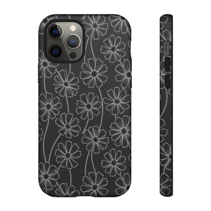 Floral Doodle Tough Phone Case — Black & Gray Daisy Pattern