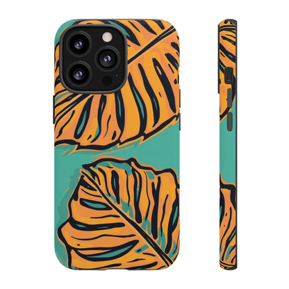Tropical Leaf Tough Phone Case — Orange Monstera Design on Teal