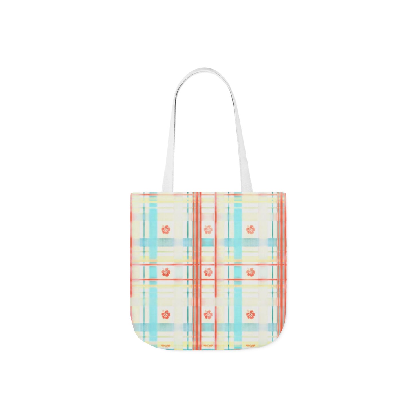 Floral Pastel Plaid Tote Bag — Canvas Shoulder Bag with Colorful Straps